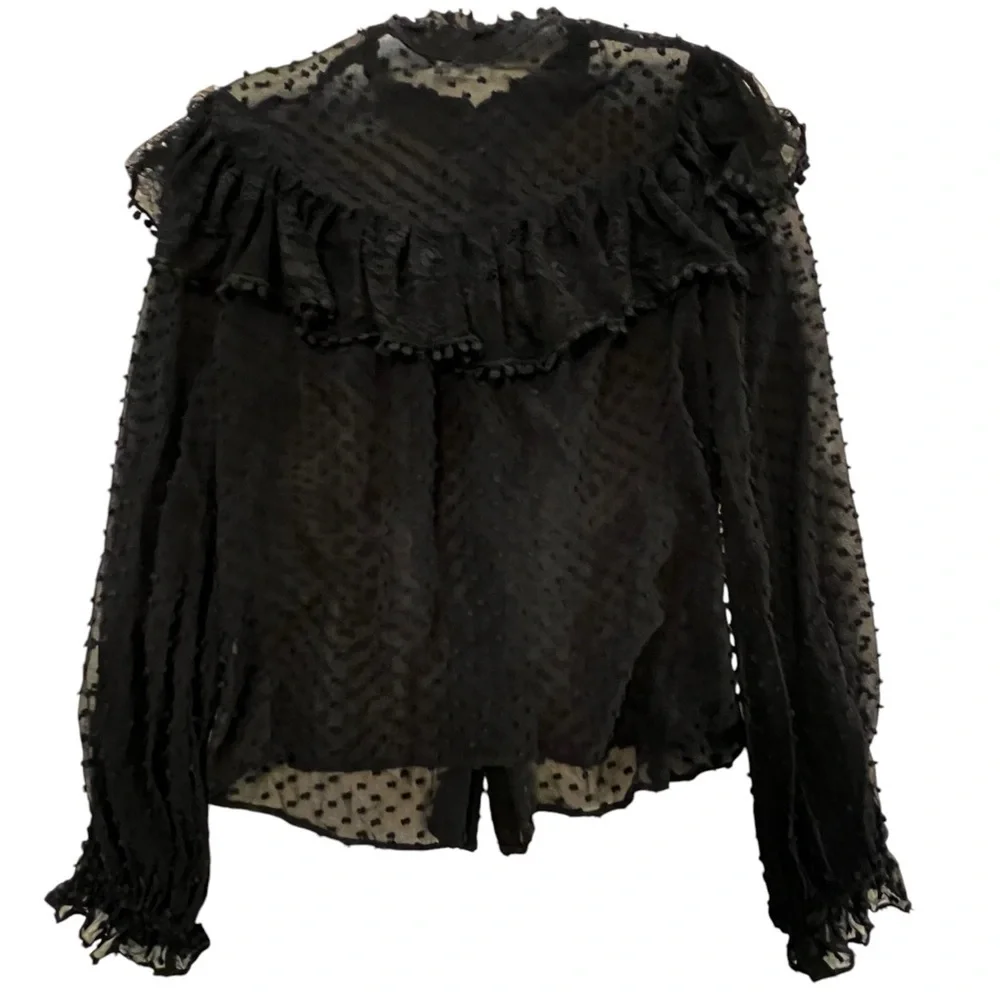 LoveShackFancy Erica SWISS DOT HIGH NECK LACE BLOUSE Ruffled Button Front Sheer - Picture 7 of 16